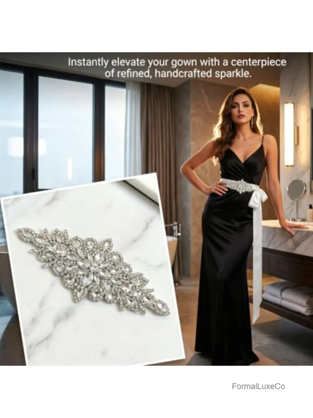 Crystal Rhinestone Applique Wedding Sash Belt with Ribbons